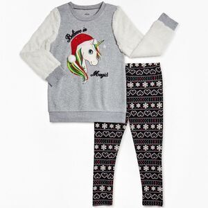 Nwt CHRISTMAS HOLIDAY UNICORN OUTFIT WITH FAUX FUR SWEATER AND PRINTED LEGGINGS